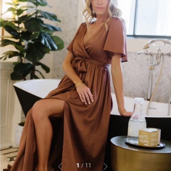 Baltic Born Sicily Satin Maxi wrap Dress Rosy Brown slip dress classy XS new - Picture 7 of 13